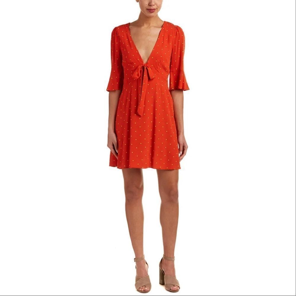 Free People All Yours Polka Dot Flounce Sleeve Mini Dress Orange Size 4 V Neck